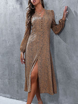 Women’s Silky Leopard Print Maxi Dress With Slit And Long Sleeves