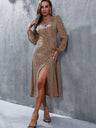 Women’s Silky Leopard Print Maxi Dress With Slit And Long Sleeves