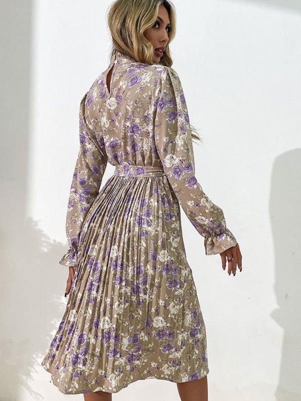 Fashion women's printed long -sleeved half -high -neck dress