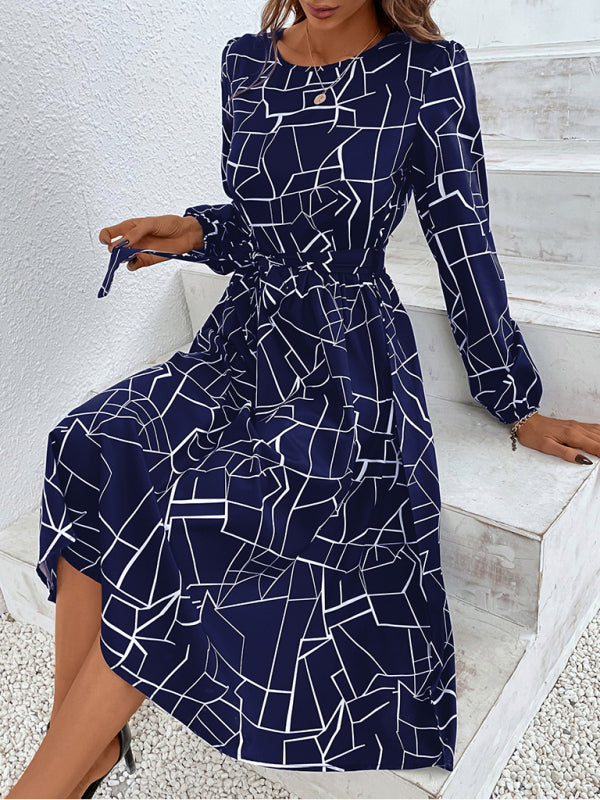Women's fashion print lace-up waist-length sleeve dress