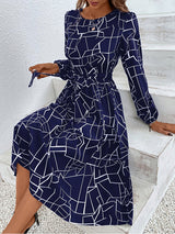 Women's fashion print lace-up waist-length sleeve dress