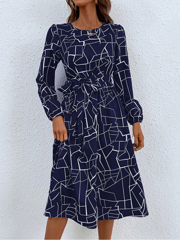 Women's fashion print lace-up waist-length sleeve dress