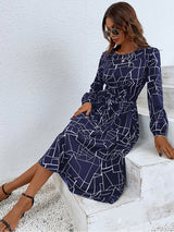 Women's fashion print lace-up waist-length sleeve dress