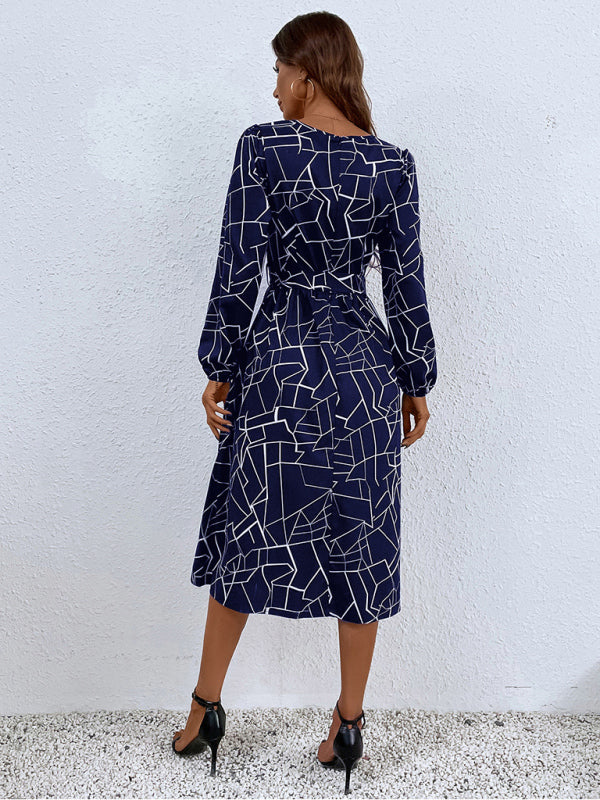 Women's fashion print lace-up waist-length sleeve dress