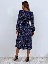 Women's fashion print lace-up waist-length sleeve dress