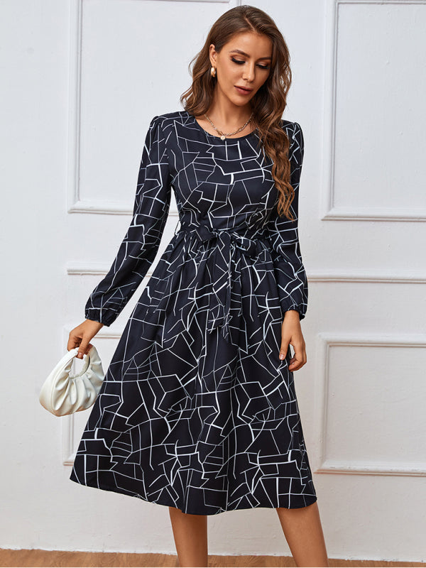 Women's fashion print lace-up waist-length sleeve dress