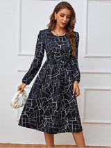 Women's fashion print lace-up waist-length sleeve dress