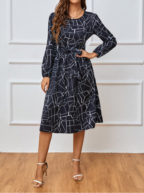 Women's fashion print lace-up waist-length sleeve dress