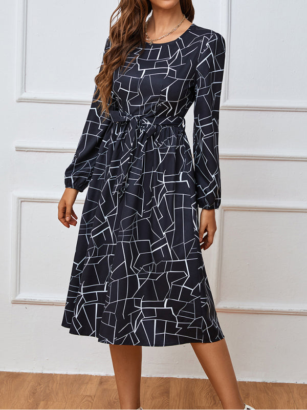 Women's fashion print lace-up waist-length sleeve dress