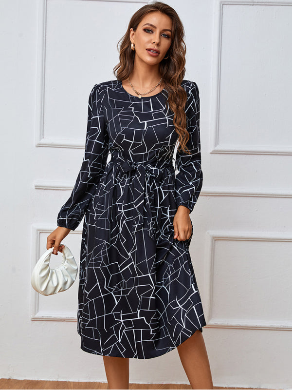 Women's fashion print lace-up waist-length sleeve dress