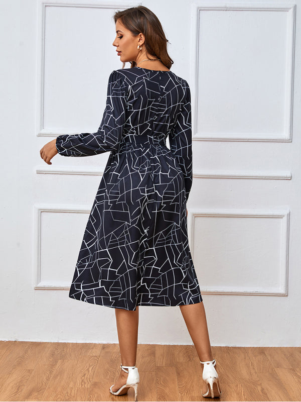 Women's fashion print lace-up waist-length sleeve dress