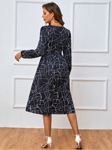 Women's fashion print lace-up waist-length sleeve dress