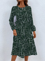 Women's fashion print lace-up waist-length sleeve dress