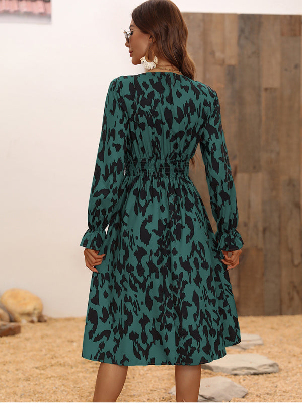 Women's fashion print lace-up waist-length sleeve dress