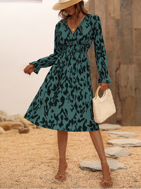 Women's fashion print lace-up waist-length sleeve dress