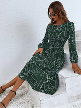 Women's fashion print lace-up waist-length sleeve dress