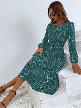 Women's fashion print lace-up waist-length sleeve dress