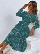 Women's fashion print lace-up waist-length sleeve dress