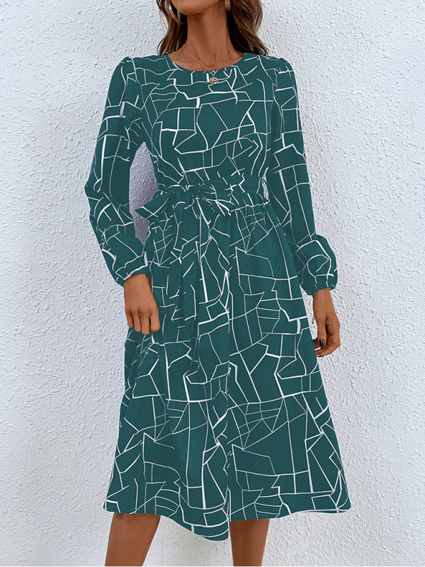 Women's fashion print lace-up waist-length sleeve dress