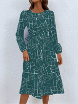 Women's fashion print lace-up waist-length sleeve dress