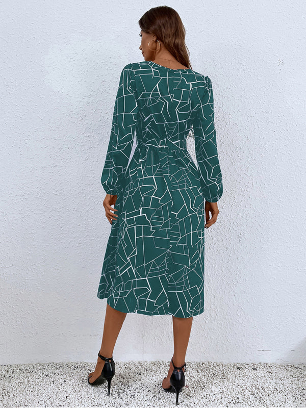 Women's fashion print lace-up waist-length sleeve dress