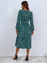 Women's fashion print lace-up waist-length sleeve dress