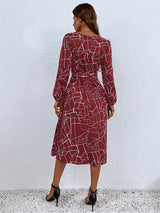 Women's fashion print lace-up waist-length sleeve dress
