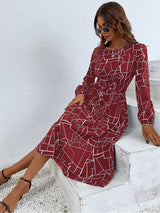 Women's fashion print lace-up waist-length sleeve dress