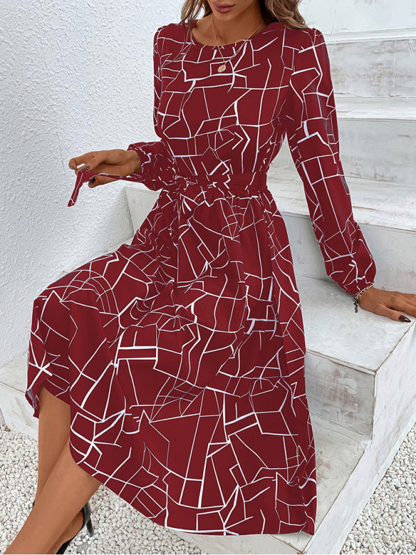 Women's fashion print lace-up waist-length sleeve dress