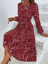 Women's fashion print lace-up waist-length sleeve dress
