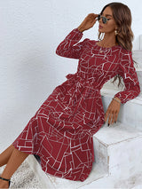 Women's fashion print lace-up waist-length sleeve dress
