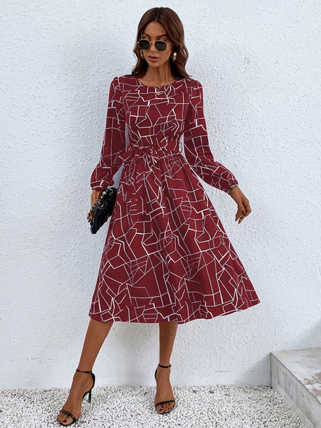 Women's fashion print lace-up waist-length sleeve dress