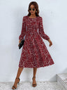Women's fashion print lace-up waist-length sleeve dress