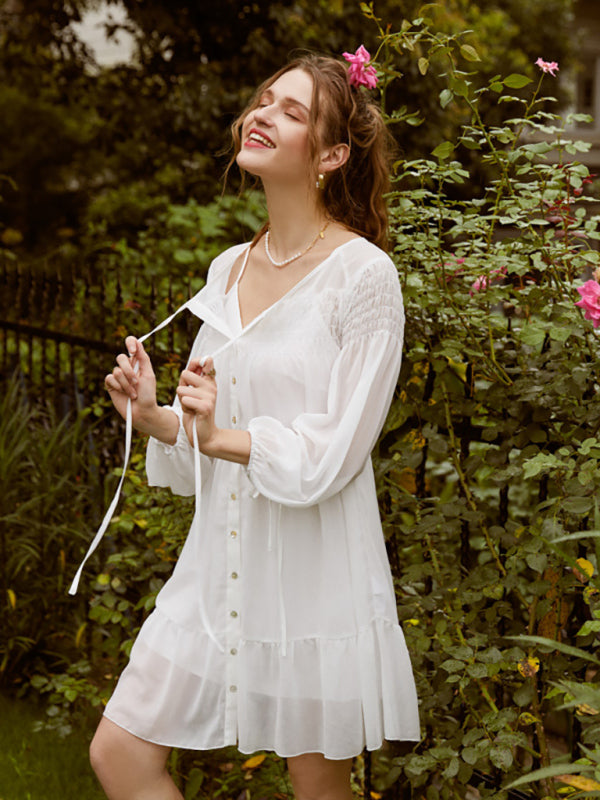 Women's Elegant Sheer Button Down Sundress With Scrunched Collar And Necktie