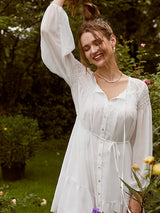 Women's Elegant Sheer Button Down Sundress With Scrunched Collar And Necktie