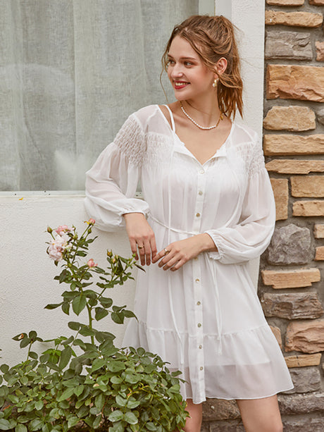 Women's Elegant Sheer Button Down Sundress With Scrunched Collar And Necktie