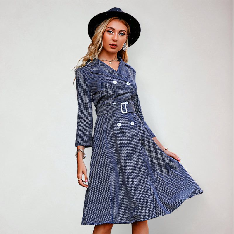 Women’s Overcoat Inspired Long Sleeve Dress With Waist Belt And Buttoned Front