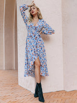 Puff Sleeves Elegant Casual Print High Waist Vacation Fashion Belt Dress