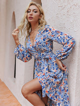 Puff Sleeves Elegant Casual Print High Waist Vacation Fashion Belt Dress