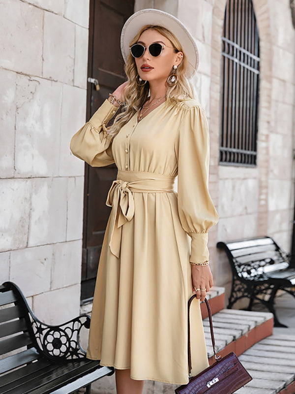 Long Sleeve Lace Up High Waist V-Neck Style Commuter Pullover Dress