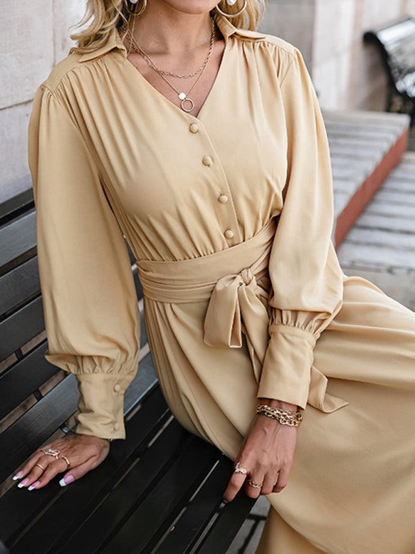 Long Sleeve Lace Up High Waist V-Neck Style Commuter Pullover Dress