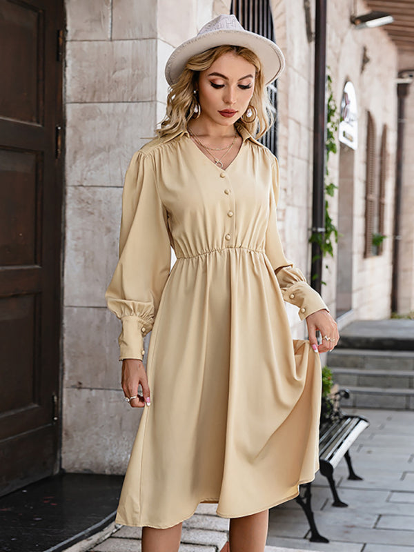Long Sleeve Lace Up High Waist V-Neck Style Commuter Pullover Dress