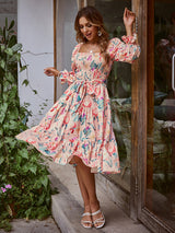 Printed High Waist Lace-Up Vacation Style Long Sleeve Fashion Dress