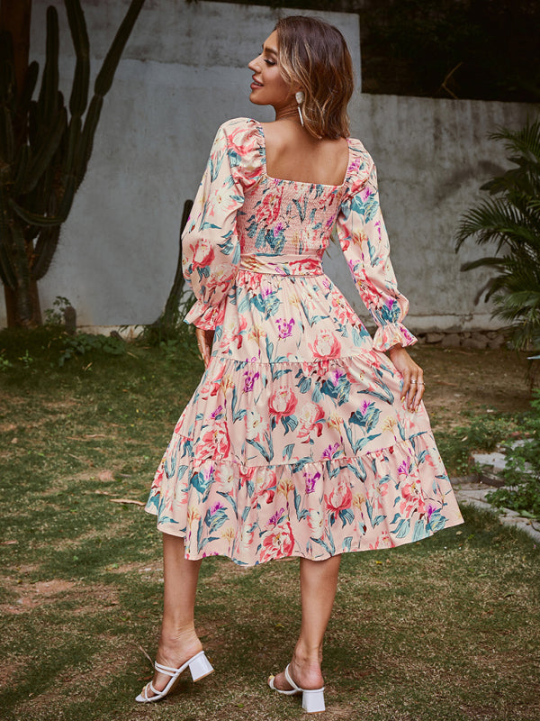 Printed High Waist Lace-Up Vacation Style Long Sleeve Fashion Dress
