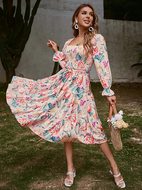 Printed High Waist Lace-Up Vacation Style Long Sleeve Fashion Dress