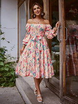 Printed High Waist Lace-Up Vacation Style Long Sleeve Fashion Dress