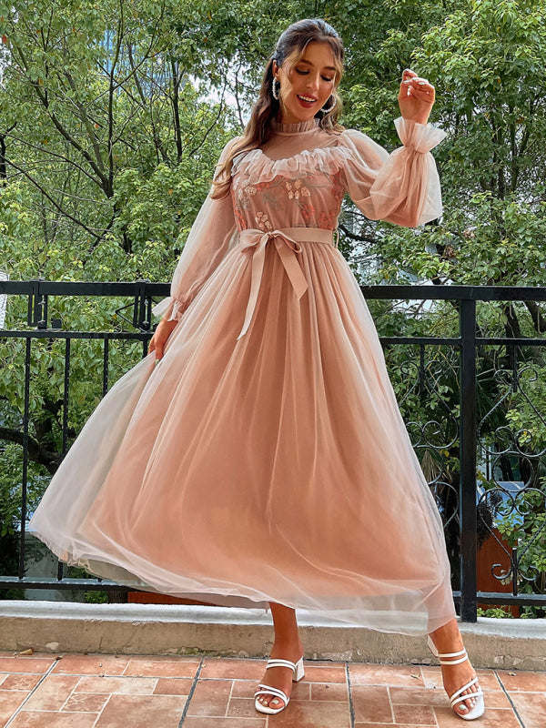 Women's Gauze Round Neck Puff Sleeve Dress