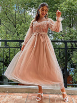 Women's Gauze Round Neck Puff Sleeve Dress