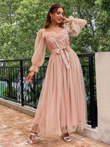 Women's Gauze Round Neck Puff Sleeve Dress