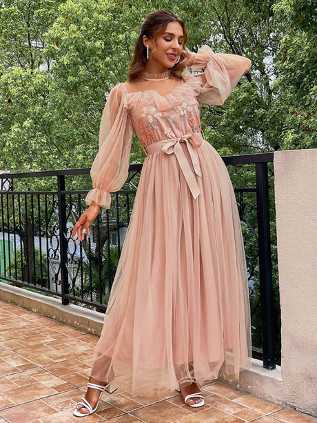 Women's Gauze Round Neck Puff Sleeve Dress